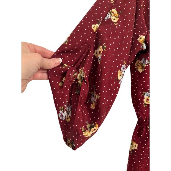 NWT Women's L Cottagecore Floral Polka Dot V Gold Zip Elastic Tie Waist Dress - Picture 4 of 10